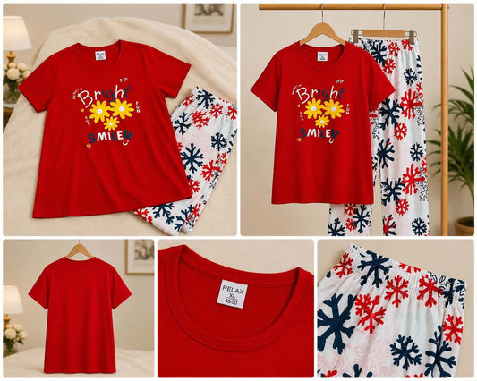 Bright Smile Red Floral Night Suit