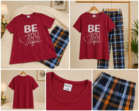 Burgundy Check Pajama Night Suit