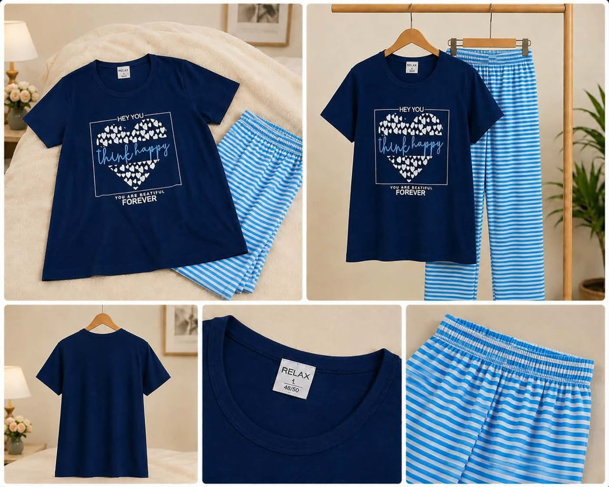 Think Happy Navy Blue Striped Night Suit