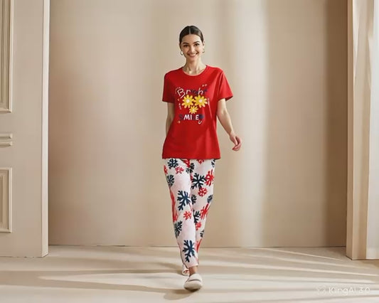 Bright Smile Red Floral Night Suit